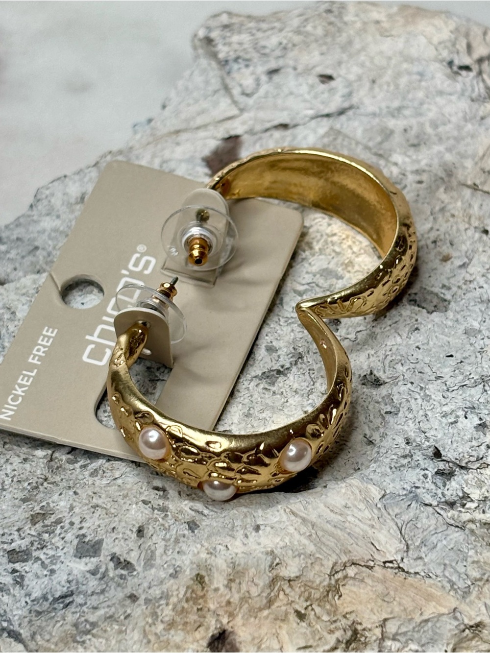 Chico’s Textured Gold Pearl Accent Hoop Earrings